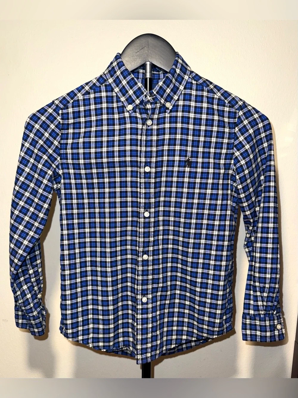 Polo Ralph Lauren Boys blue, black, and white button down, size 7, EUC